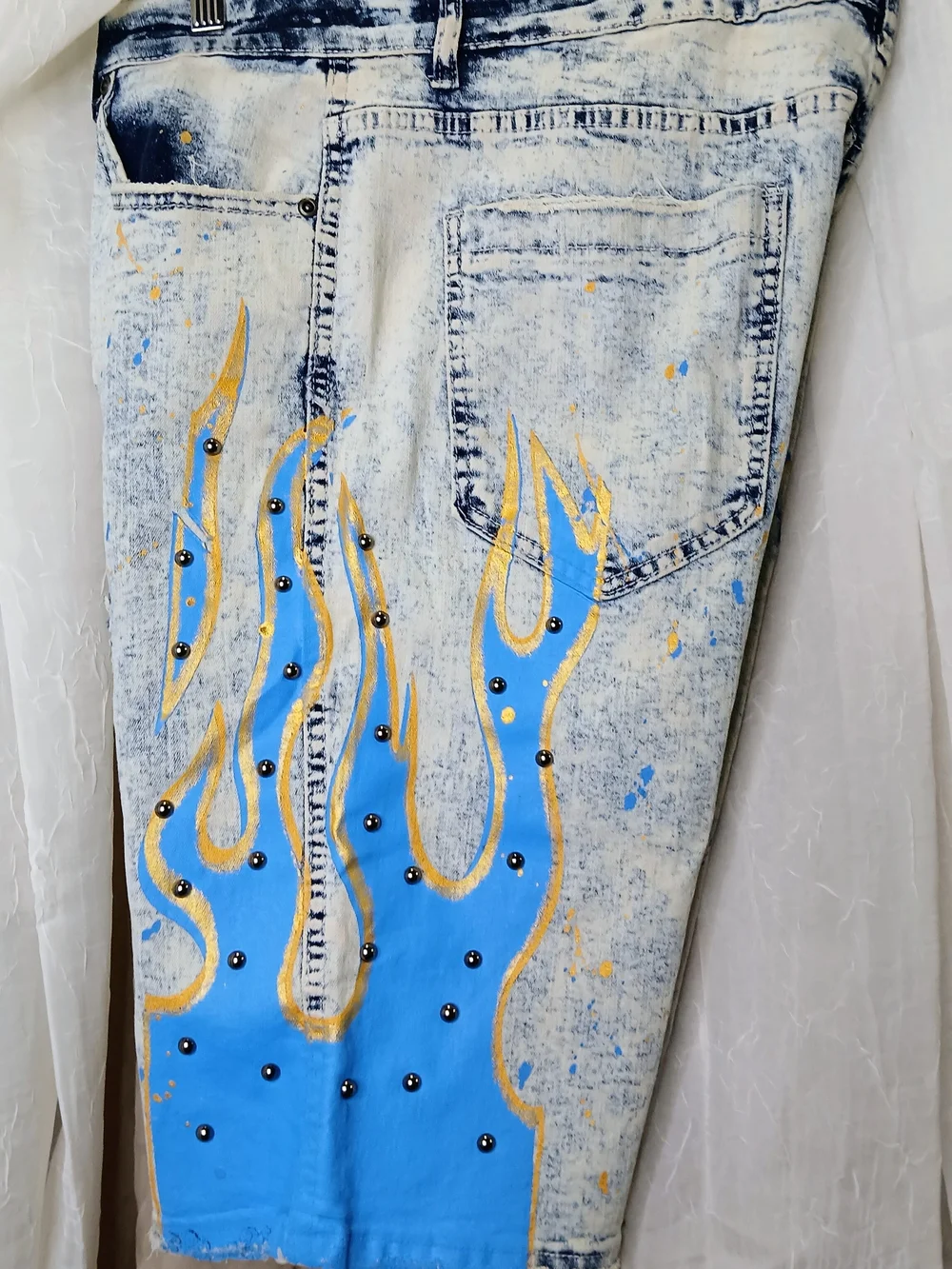 Men's Acid-Wash Jean Shorts with Blue Flame Detail